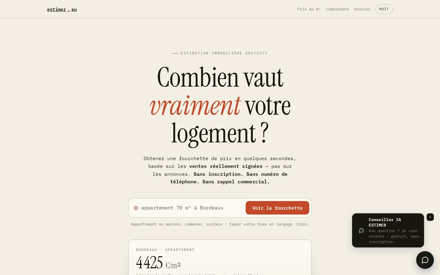 Site Estimer.eu — estimation immobilière avec fourchette de prix sourcée.